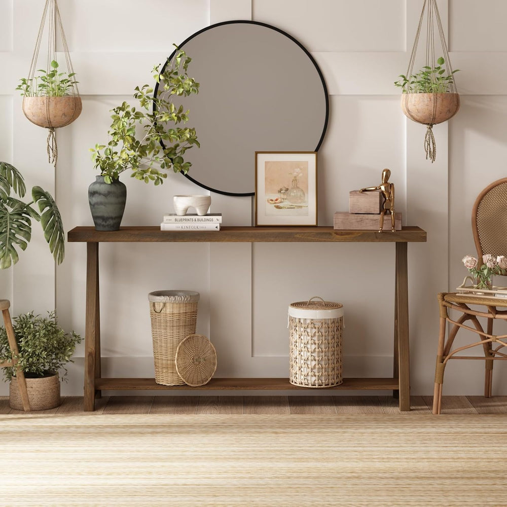 Farmhouse Console Tables for Living Room, 63" Solid Wood 2-Tier Sofa Tab...