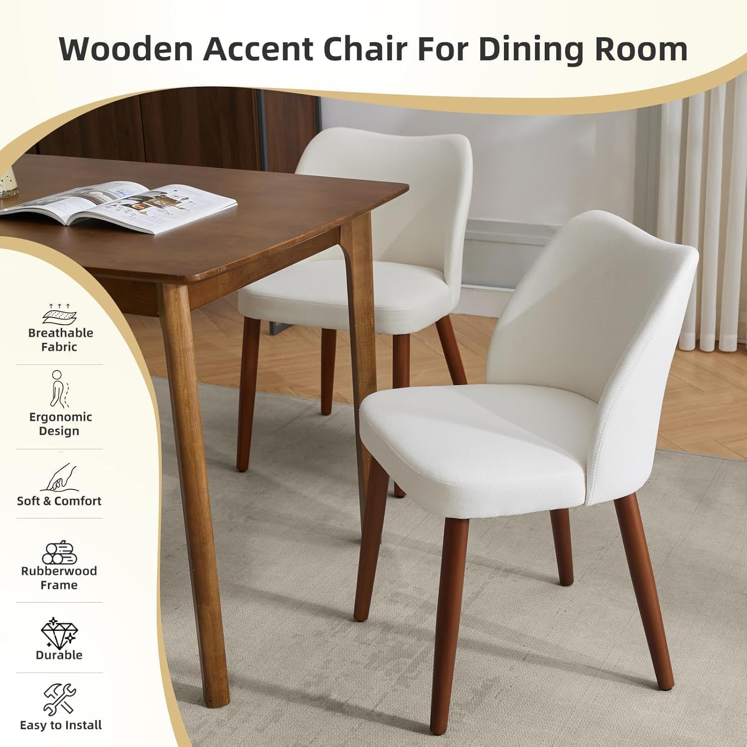 IDEALHOUSE 4 Pieces Fabric Wingback Dining Room Chairs, Comfort Thick Cushioned Kitchen Side Chairs Sturdy Wooden Legs with Anti-Slip Leveling Feet, Modern Leisure Chair for Home Indoor Use, White