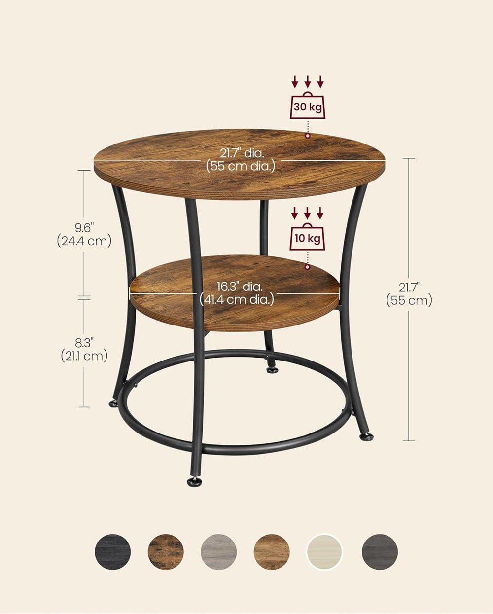 VASAGLE 21.7-Inch Round Side Table, 2-Tier End Table, Nightstand with Steel F...