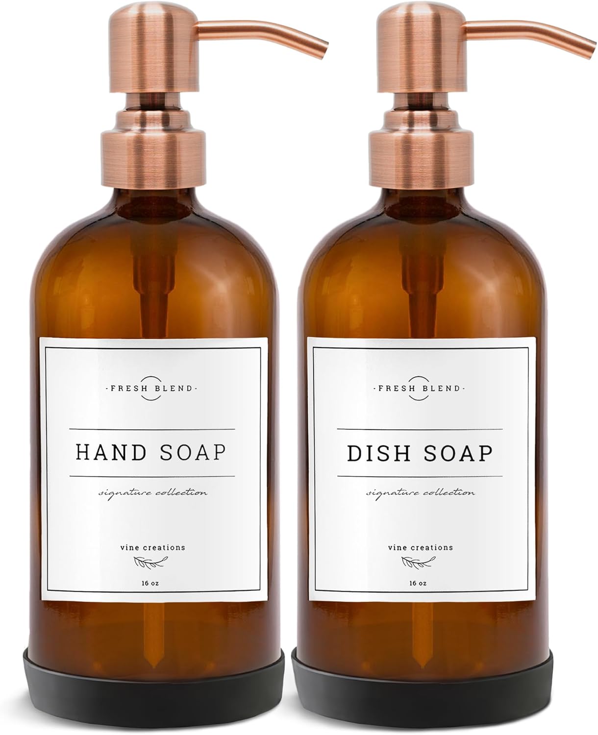 Vine Creations Amber Glass Soap Dispenser, 2 Pack Kitchen Soap Dispenser Set with Stainless Steel Pump, 16 oz Dish Soap and Hand Soap Dispensers for Bathroom with Waterproof Labels
