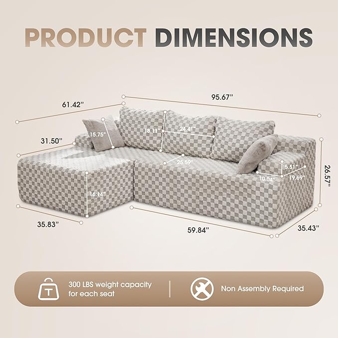 Hobestluk Modular Sectional Sofa Couches L-Shape Couch 3 Seat Modular Sofa Memory Foam Sectional Couches for Living Room, Cloud Couch with Oversized Chaise (96" Left Facing Chaise)
