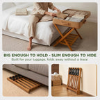 Set of 2 Premium Solid Teak Wood Luggage Racks with Shelf, 25" Foldable Suitcase Stands for Hotel, Airbnb & Resort | Heavy-Duty Hardwood Build, Holds 176 lbs Each, Reinforced Woven Straps