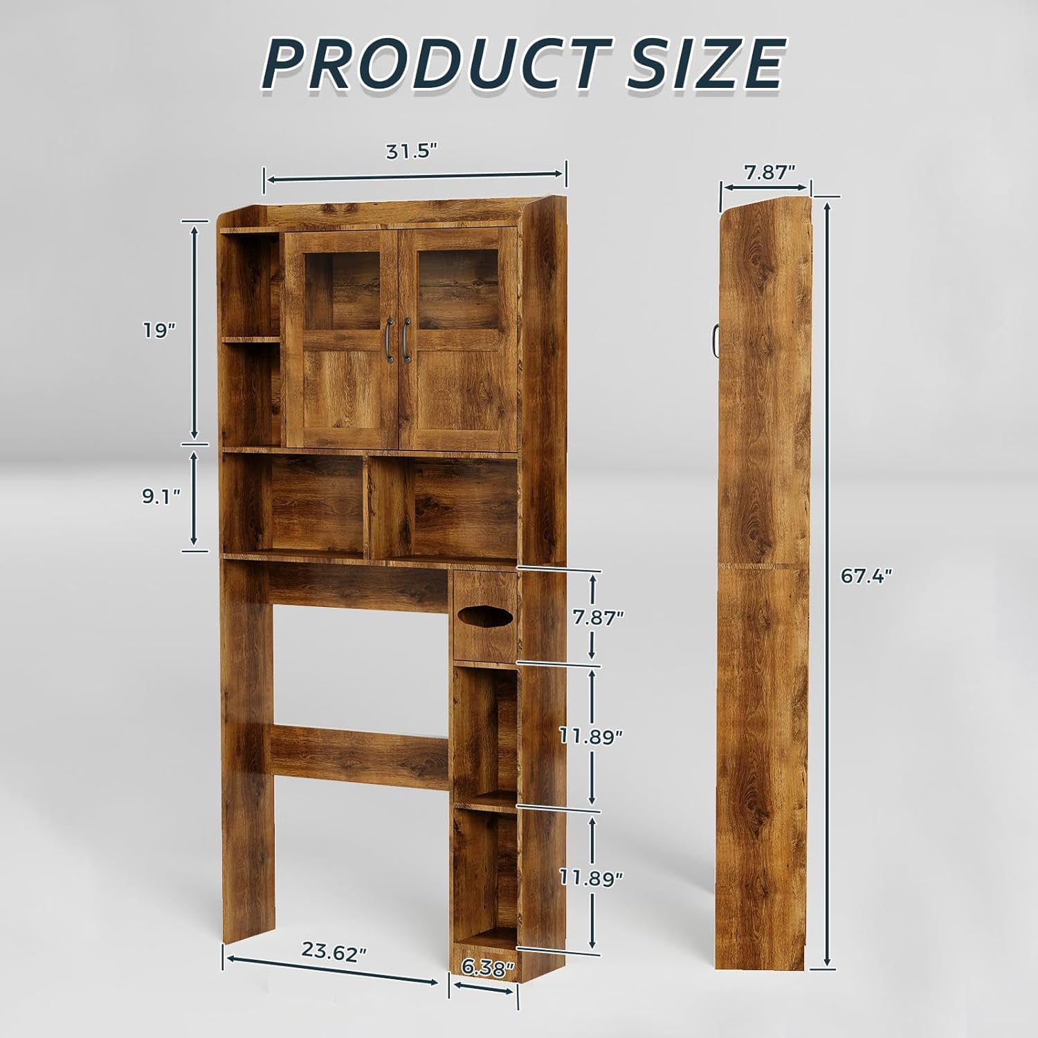 Over Toilet Storage Cabinet, 67 Inch Wall Mounted Tall Cabinet, Freestanding Bathroom Organizer Shelf for Bathroom, Brown