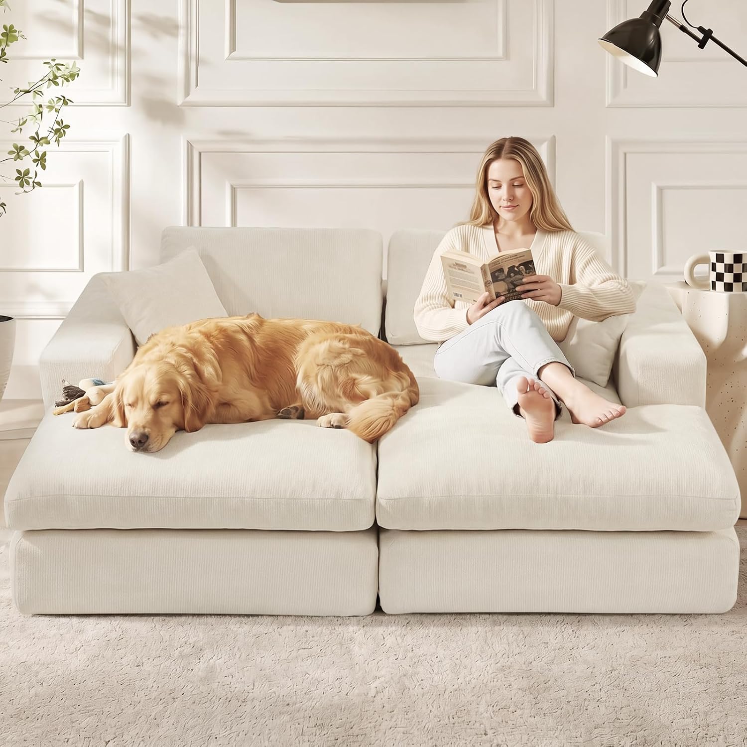 81" Oversized Double Chaise Lounge, Cloud Boneless Sofa Bed, Beige | 59" Deep Seat Couch, Modular Oversized Loveseat, Soft Cloud Sofa, 4 Pillows, 10" Wider Armrests, Chaise Lounge Chair Indoor