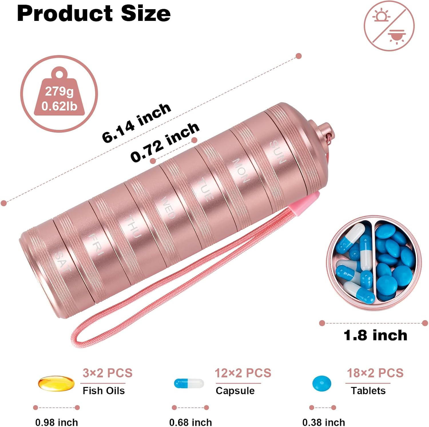 XHT Pink Weekly Metal Pill Organizer 7 Day 2 Times a Day – Aesthetic Waterproof AM PM Travel Pill Box, Heavy Duty Pill Holder and Medicine Pill Organizer for Vitamins, Fish Oil & Supplements
