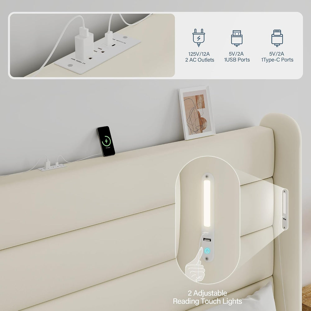 Queen Size Bed Frame with 59'' Tall Headboard with Readlight, White