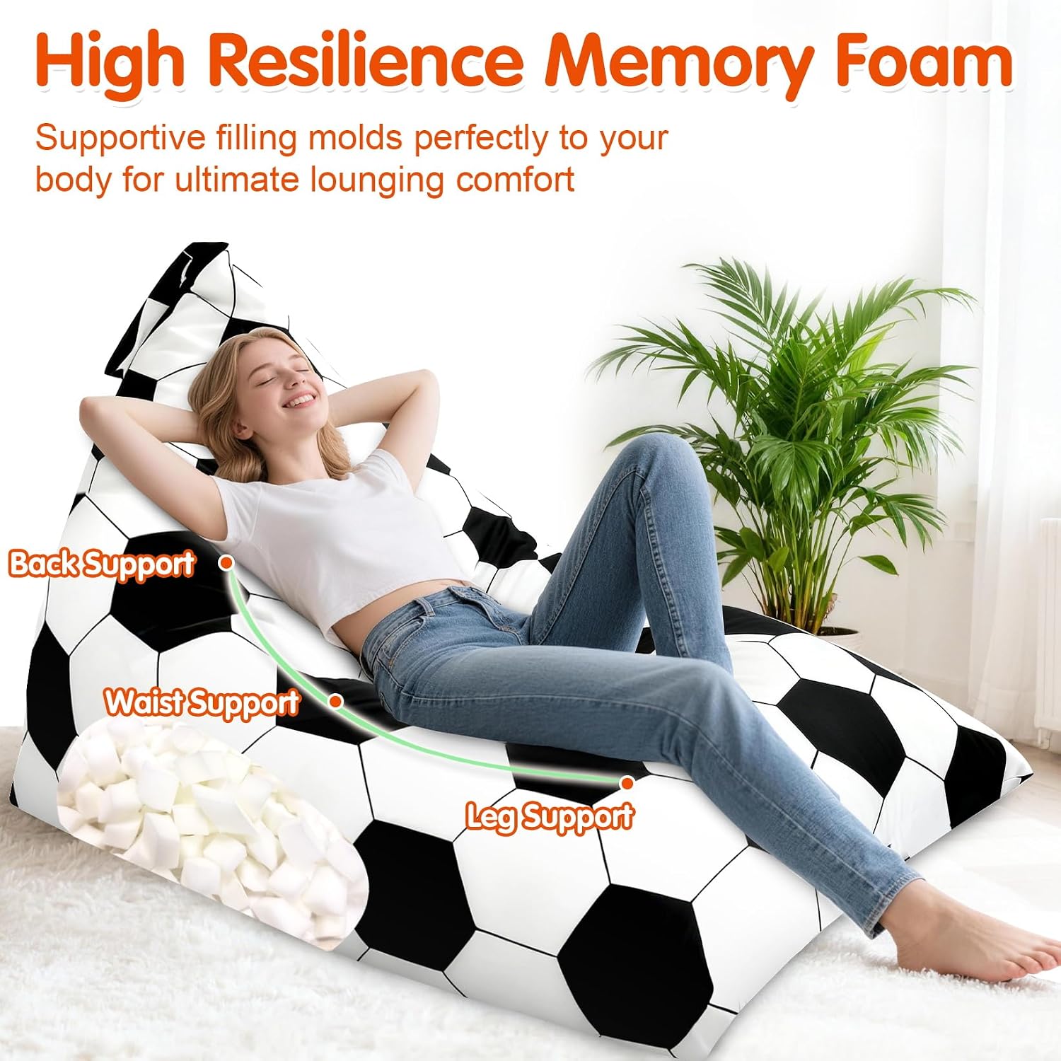 3.3 Ft Soccer Bean Bag Chair for Teens Adults with Memory Foam Filling, Bean Bag Chair with Soft Velvet Cover, Soft Bean Bag Sofa Couch, Birthday Gift for Boyfriends Girlfriends, XX-Large