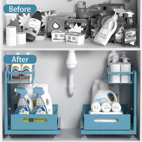 2 Pack Under Sink Organizer Storage 2-Tier Premium Metal Pull-Out Racks, Height Adjustable, Easy Installation | Kitchen & Bathroom Organizers Teal