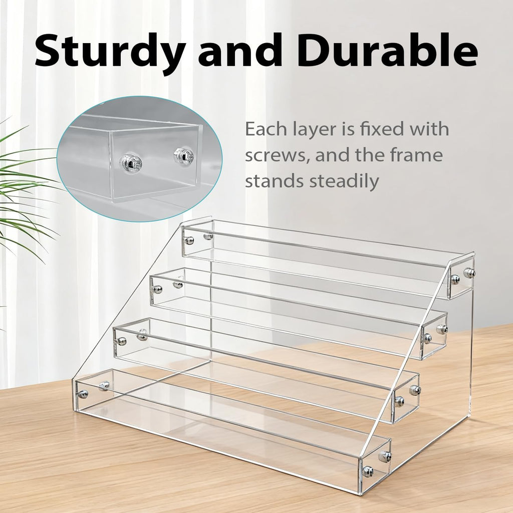4-tier clear acrylic cascading CD holder, DVD/CD display stand, storage box, and vinyl record shelf. Holds up to 32 standard CD cases and includes 20 CD/DVD sleeves for organized media storage.