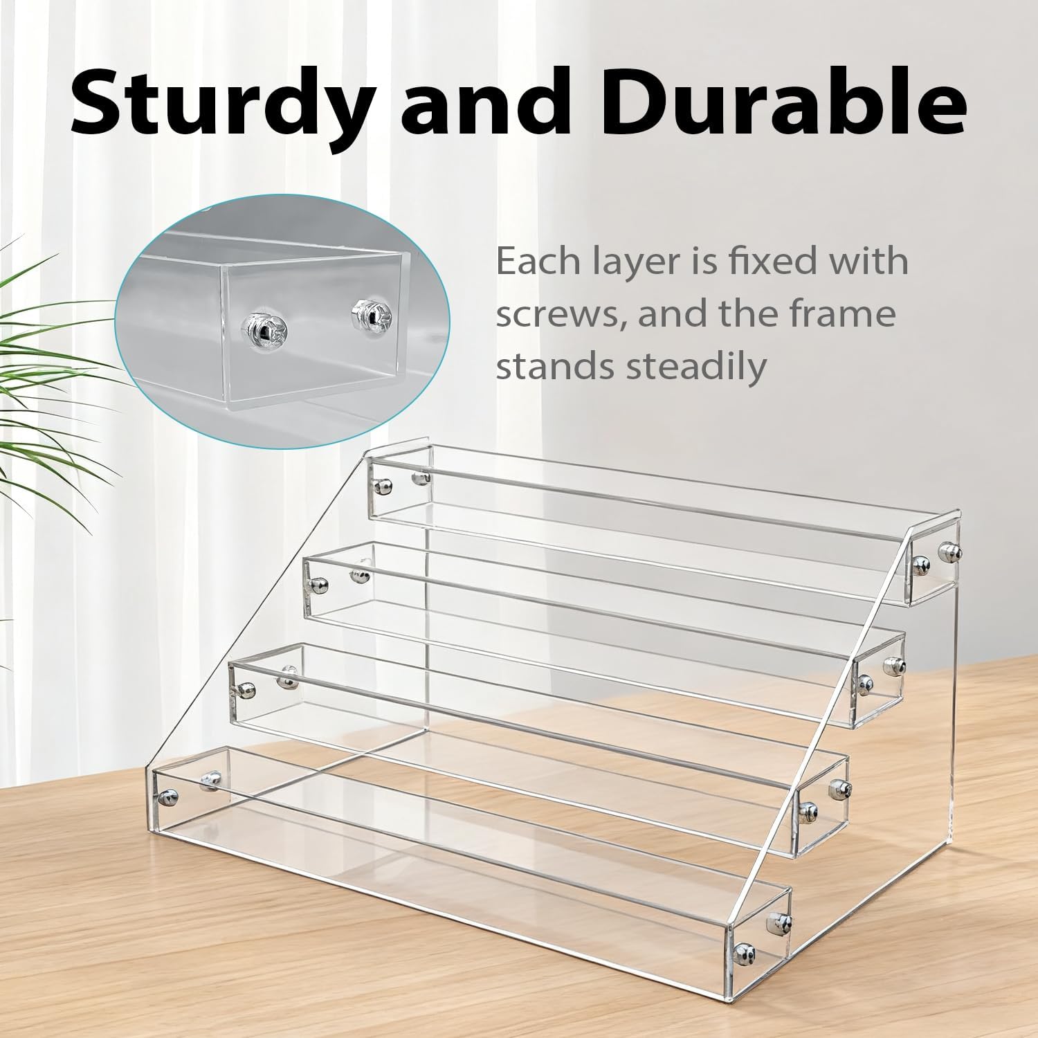 4-tier clear acrylic cascading CD holder, DVD/CD display stand, storage box, and vinyl record shelf. Holds up to 32 standard CD cases and includes 20 CD/DVD sleeves for organized media storage.