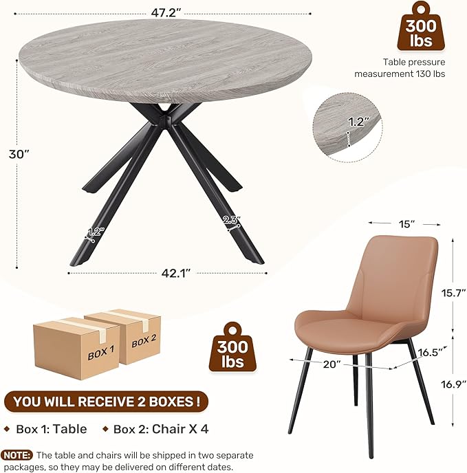 47.2" 5-Piece Round Dining Table Set for 4, Modern Wood Dining Table with 4 Upholstered Chairs, Kitchen & Dining Room Table Set with Metal Base for Apartment, Small Space, Grey Table+4 Brown Chairs