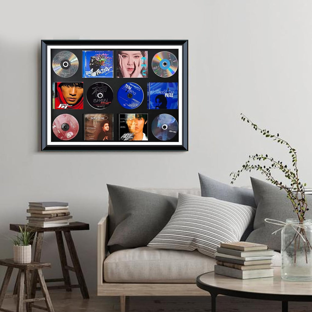 CD Case,CD/DVD Storage Rack Stand,Wood CD Display case/Frame,with high-definition tempered glass panel can accommodate6 standard size CDs and 6 covers.album cover display gift,music lover home décor