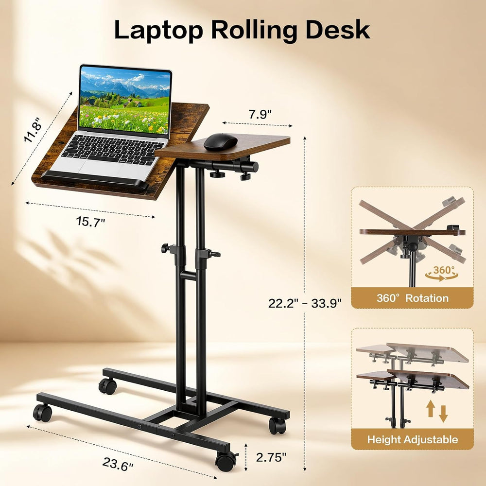Overbed Side Table with Wheels, Adjustable Height Rolling Desk