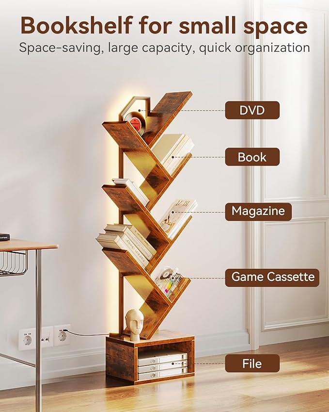 Casaottima 6-Tier Tree Bookshelf — Narrow Floor Standing Bookcase, Tall Steel...