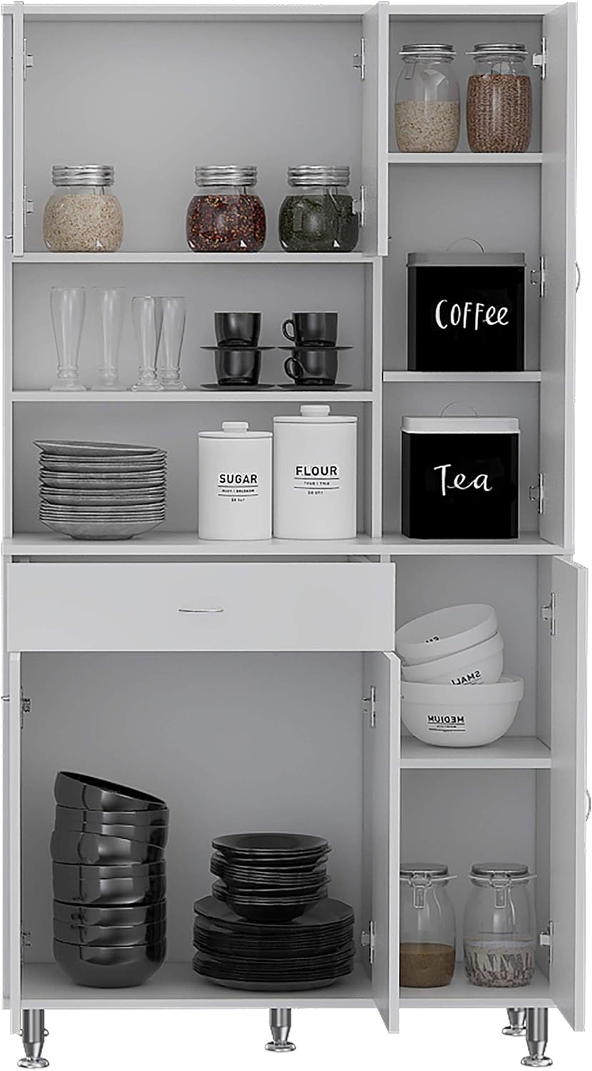 90 Kitchen Pantry, One Drawer, Multiple Cabinets, Two Open Shelvess -White