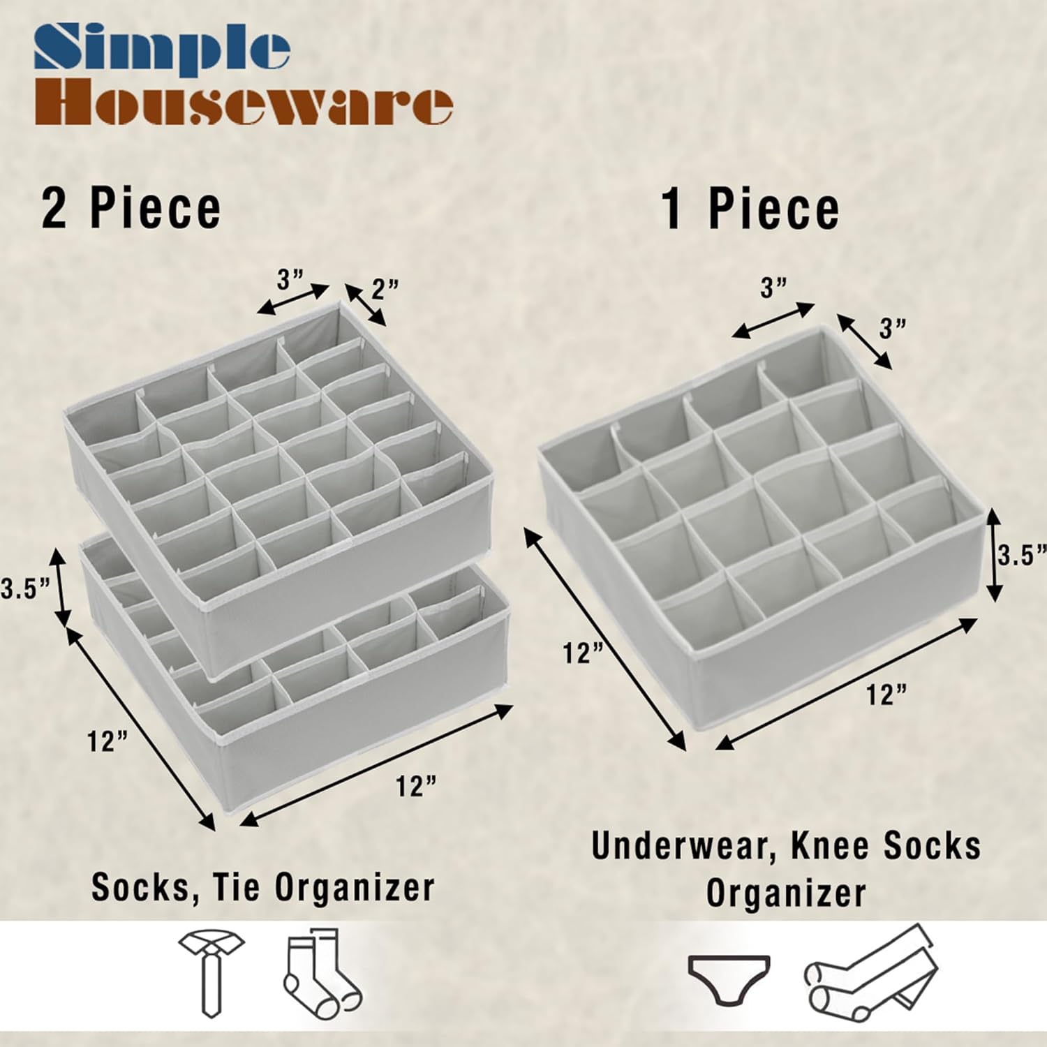 Simple Houseware Sock Drawer Organizer for Dresser/Closet/Bedroom, 3 Pack, Gray