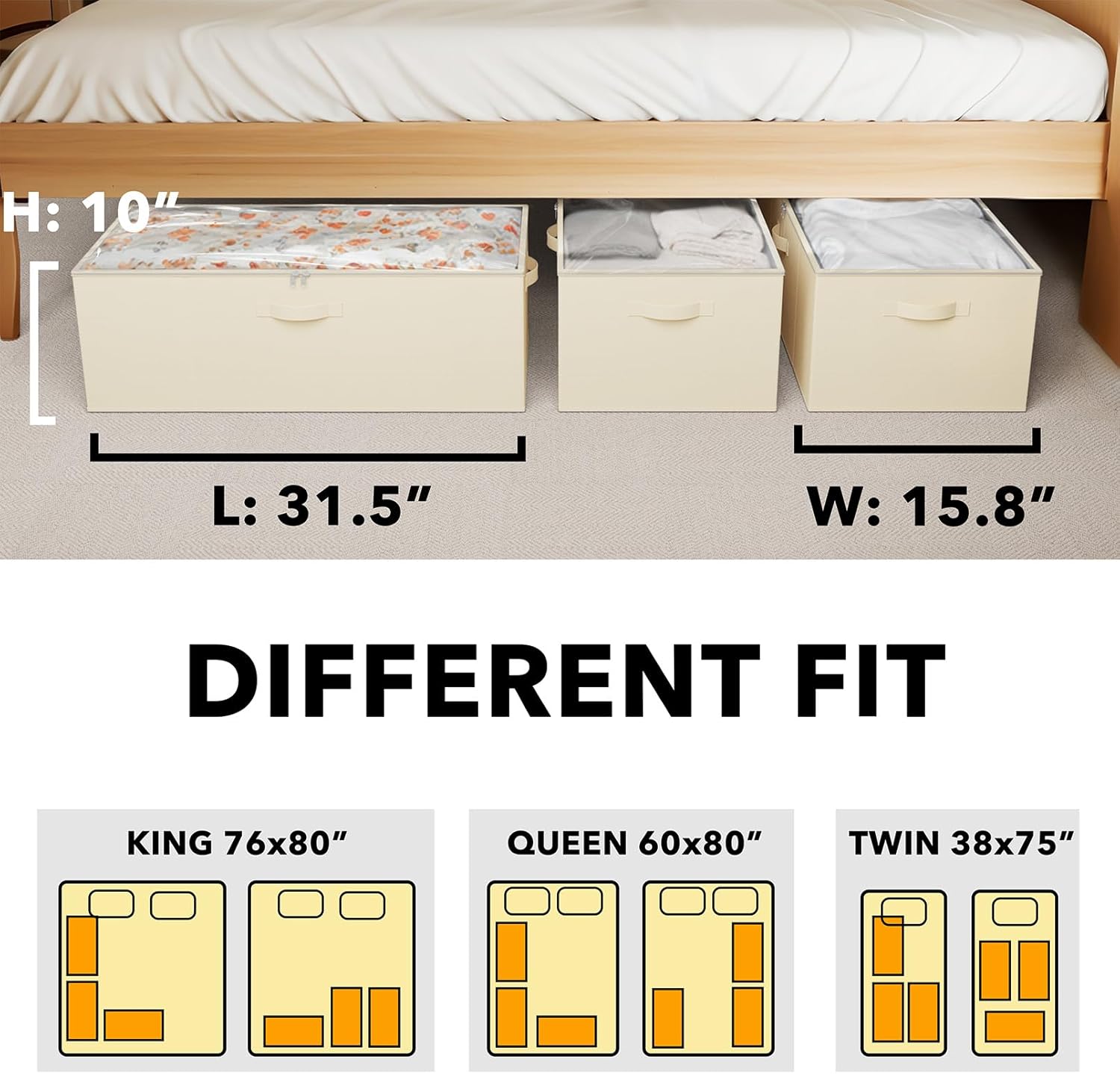 SpaceAid 3 Pack 10" High Under Bed Storage Containers, Large Underbed Storage Organizer Bins with Lids for Bedroom, Dorm, Clothes, Closet Organization, Bed Sheets and Blankets (Beige)
