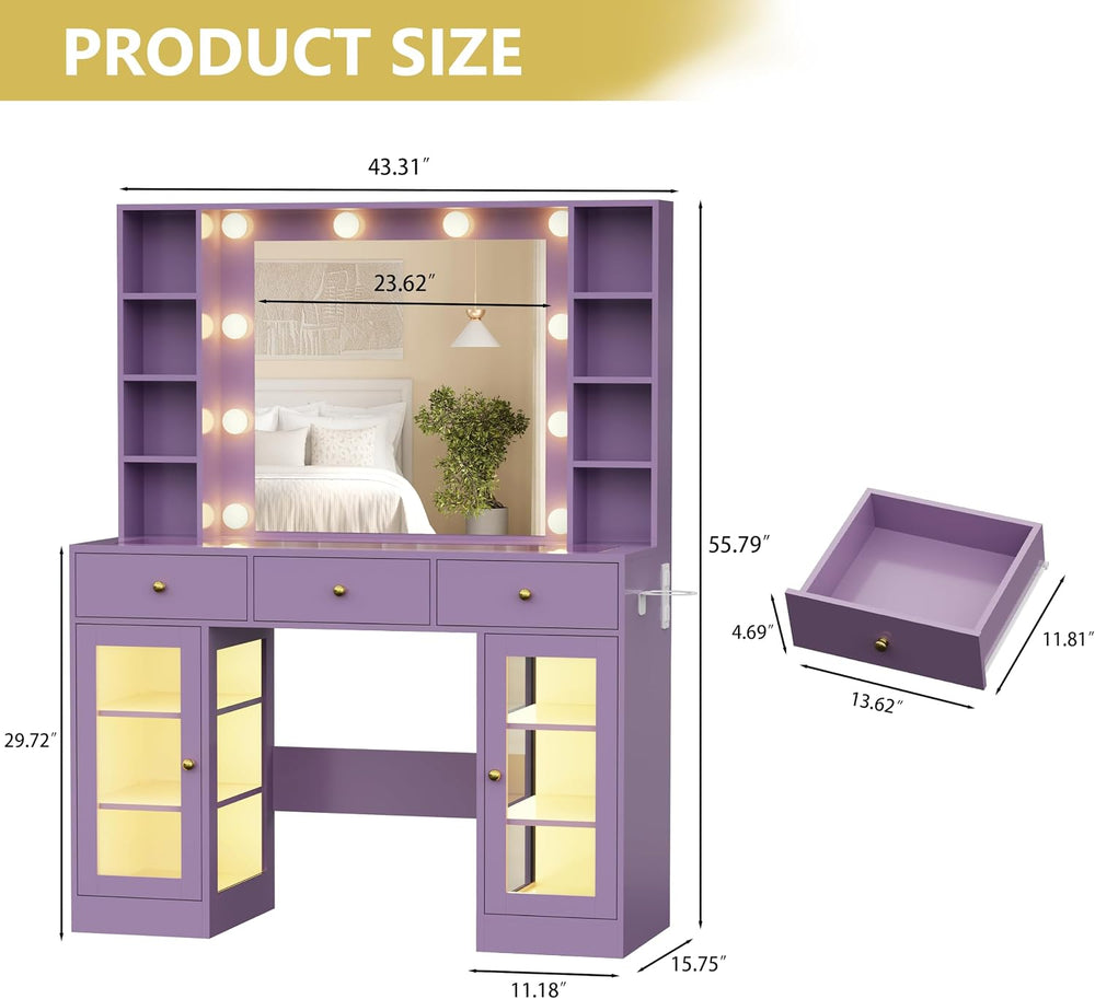 Xixini 43.3" Makeup Vanity with Mirror & Lights, RGB Glass Cabinets,...