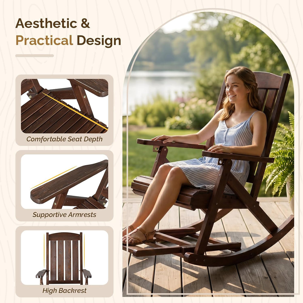 VINGLI Wooden Porch Rocking Chair, Heavy Duty Outdoor Rocking Chair with Retr...