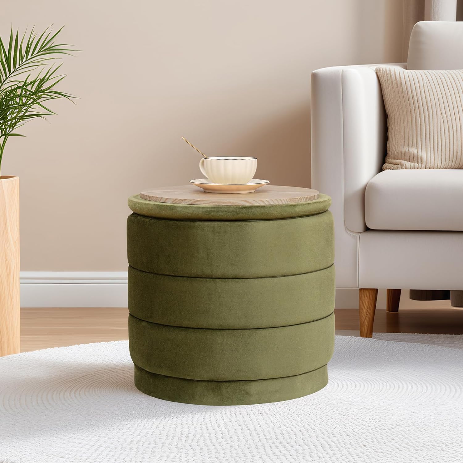 15 Inch Round Velvet Storage Ottoman, Upholstered Foldable Foot Rest Stool with Tray, Small Coffee Table for Bedroom Living Room