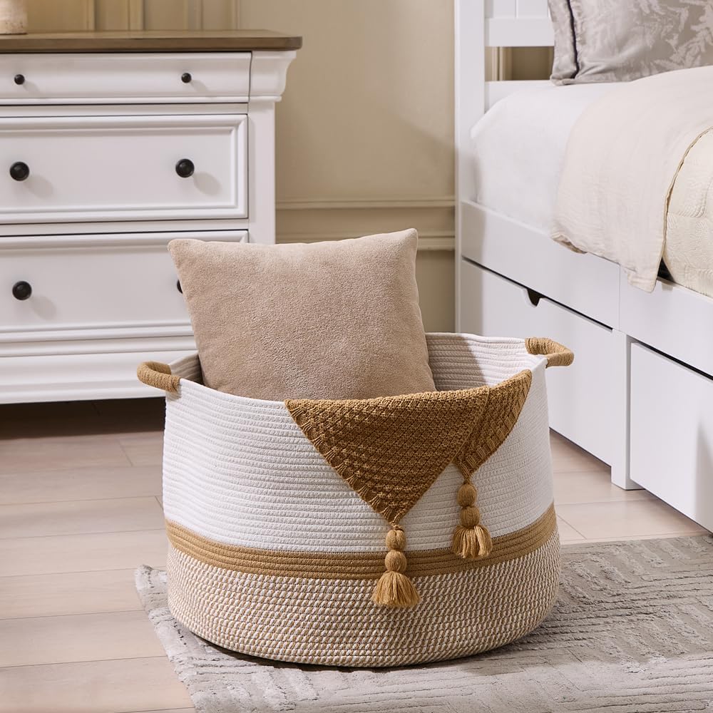 Luxury Little Extra Large Nursery Storage Basket, 20 x 20 x 13.8 inches - 100% Cotton Rope Baskets with Handles, Blanket Basket for Toys, Blankets & Pillows (Gradient Brown)