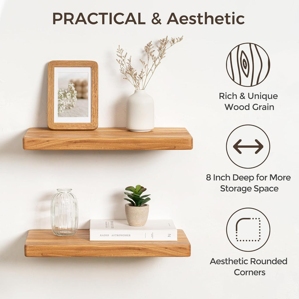 Fun Memories Rustic Solid Elm Wood Floating Shelves, 16" W x 8" D Floating Shelf Wall Mounted, 8 Inch Deep Wall Shelves, Wooden Bathroom Shelf for Home, Deep Bookshelf for Living Room, Set of 2