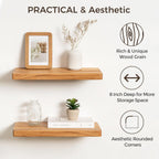 Fun Memories Rustic Solid Elm Wood Floating Shelves, 16" W x 8" D Floating Shelf Wall Mounted, 8 Inch Deep Wall Shelves, Wooden Bathroom Shelf for Home, Deep Bookshelf for Living Room, Set of 2