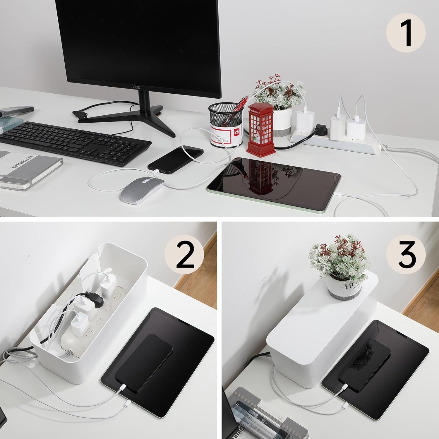 YECAYE 2 Pack Cable Management Box, Pet Friendly Cable Box Organizer for Home & Office, Child-Proof Floor Cord Cover, Cord Management and Cord Hider, White
