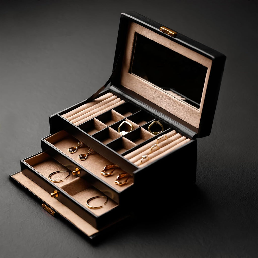 Time Resistance Jewelry Box - Full Grain Leather Jewellery Organizer - Accessories Storage Key Lock - Jewellery Box (Black)
