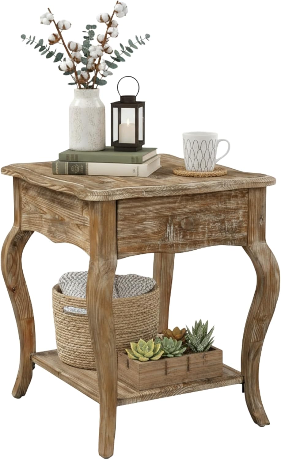Austerity 20-Inch Rectangular Rustic Solid Wood End Table with Drawer and She...