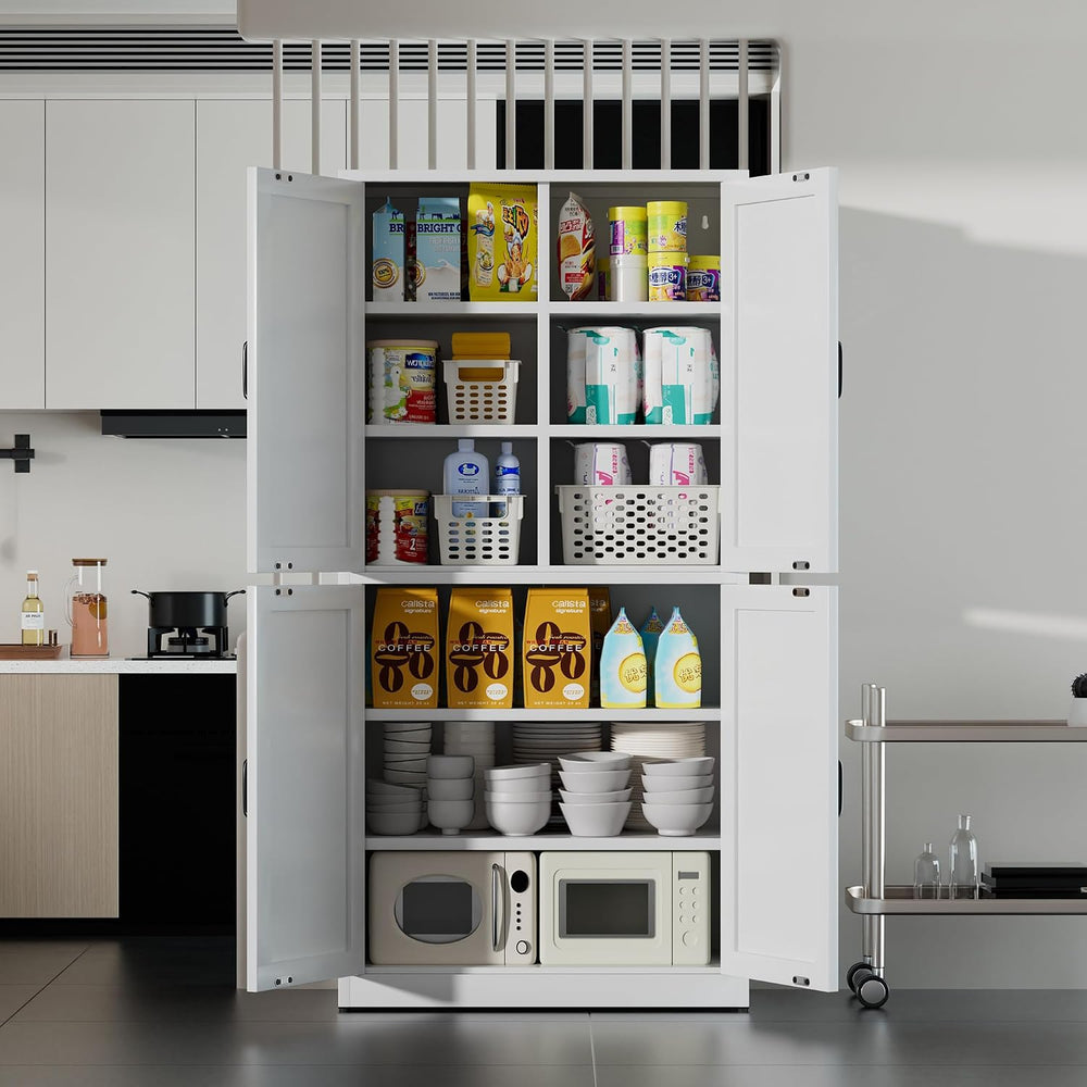 White Steel Kitchen Pantry Storage Cabinet with Adjustable Shelves, Heavy Dut...