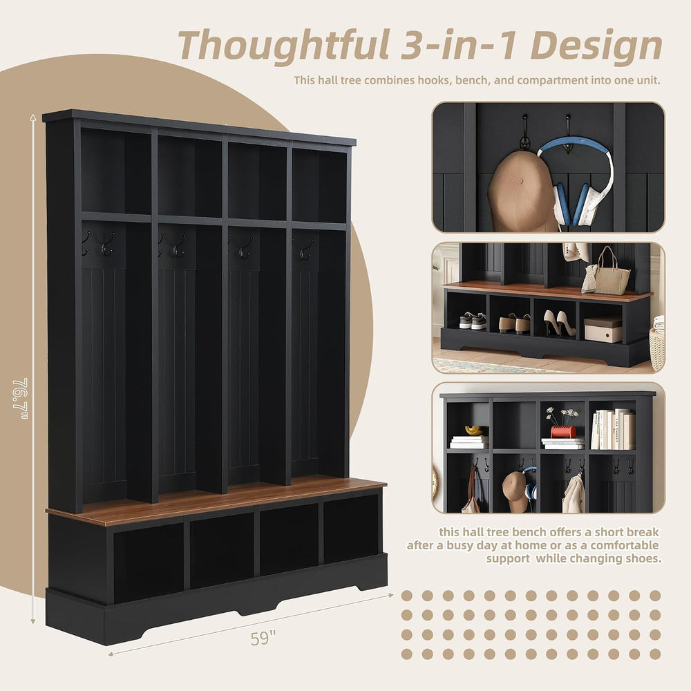 Merax Farmhouse Hall Tree with Bench and Shoe Storage, 59" Entryway Benc...