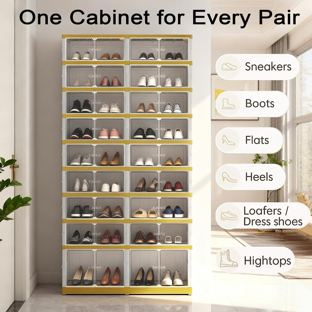 SYNCVIBE Shoe Rack Organizer for Closet Entryway Foldable Sneaker Storage Shoe, Collapsible Shoe Cabinet, Stackable Shoe Storage Cabinet with Lids for Living Room (9 Tiers -36 Pairs White Gold)