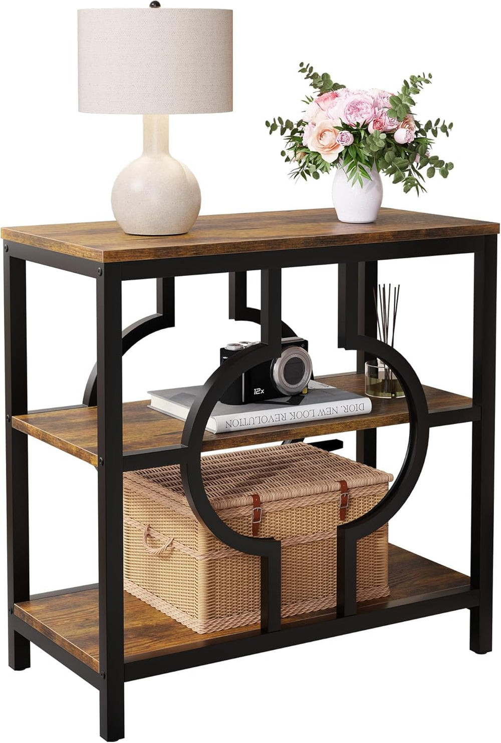 End Table, Narrow Side Table with 3-Tier Storage Shelves, Wood Sofa Side Tabl...