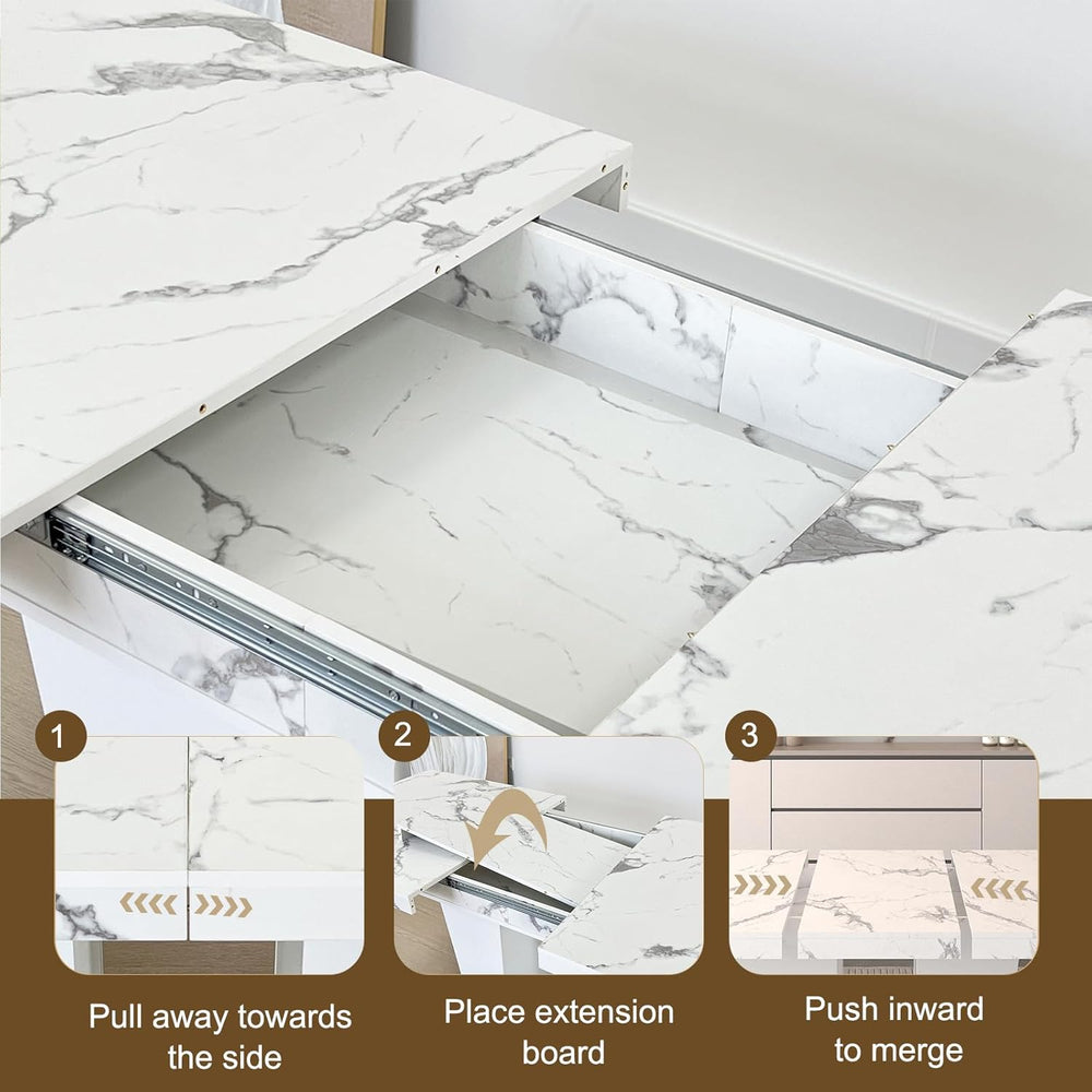 White Faux Marble Dining Room Table Set for 4, 5-Piece 63"-78.74" E...