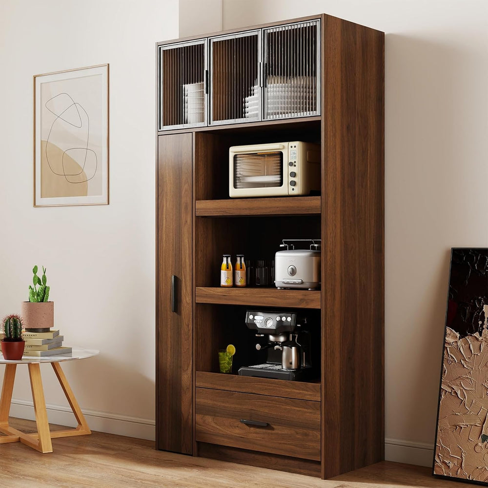 Tall Kitchen Hutch Cabinet with Pull-out Shelves & Drawer Freestanding Pa...