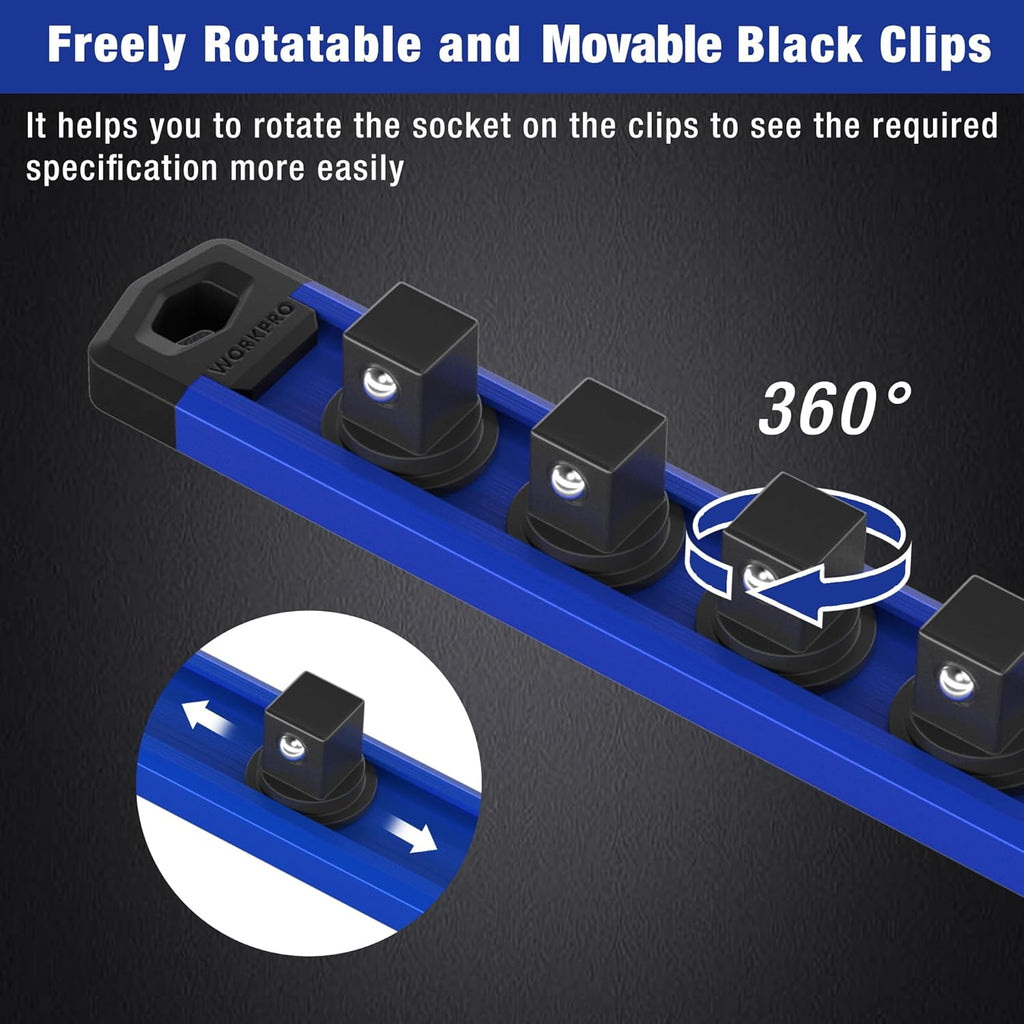 WORKPRO Magnetic Socket Organizer - 6-Piece Aluminum Alloy Socket Rail, Heavy Duty Socket Holder - Set: 1/4-Inch x 12 Clips, 3/8-Inch x 10 Clips, 1/2-Inch x 10 Clips