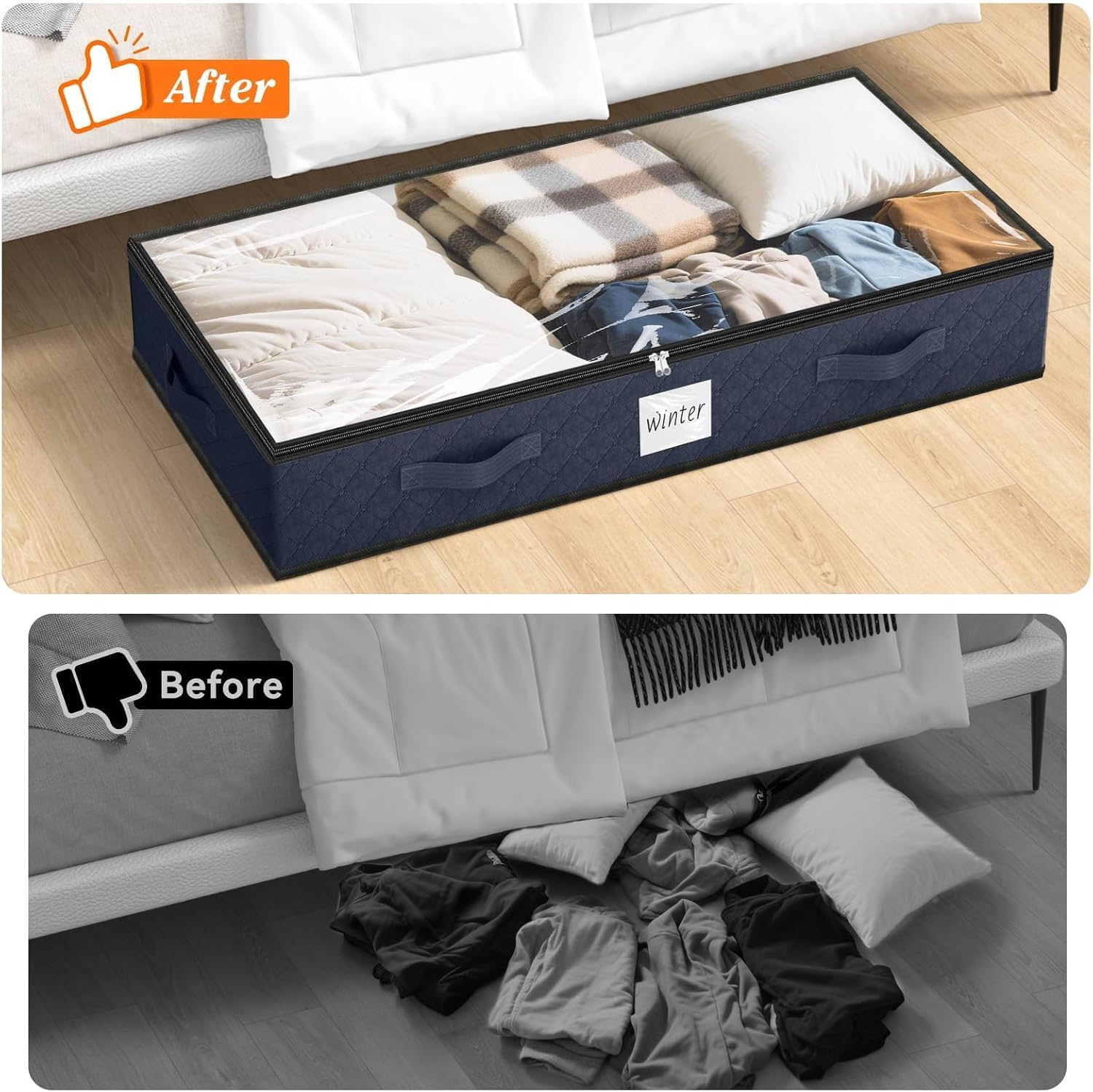 SpaceWhisper 90L Under Bed Storage Containers, 4-Pack Storage Bins with Clear Top, Foldable Closet Organizers and Storage with Label Holder for Clothing, Blankets, Comforter & Pillows(Blue)