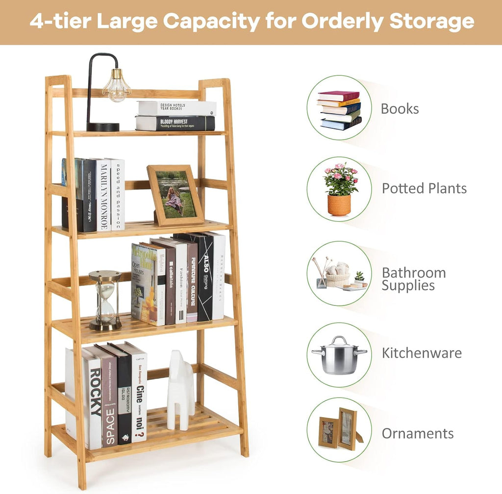Giantex Ladder Shelf, 4 Tier Bamboo Ladder Bookshelf, 48’’ Tall Freestanding Bookcase Storage Rack Plant Stand for Living Room, Balcony, Office, Bedroom, Farmhouse Wooden Ladder Bookshelf, Natural