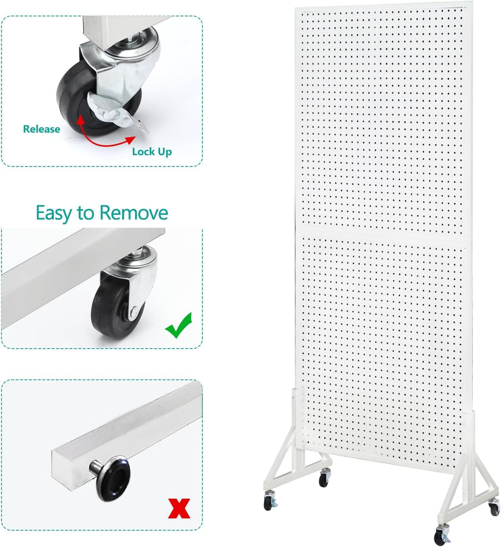 Eastern Tree 2.5'x 6' Metal Pegboard Display Stand with T-Base, Peg Board Panels Display with Casters, Standing Pegboard Display, Retail Display Stand, Extra 10 Pieces Hooks, White