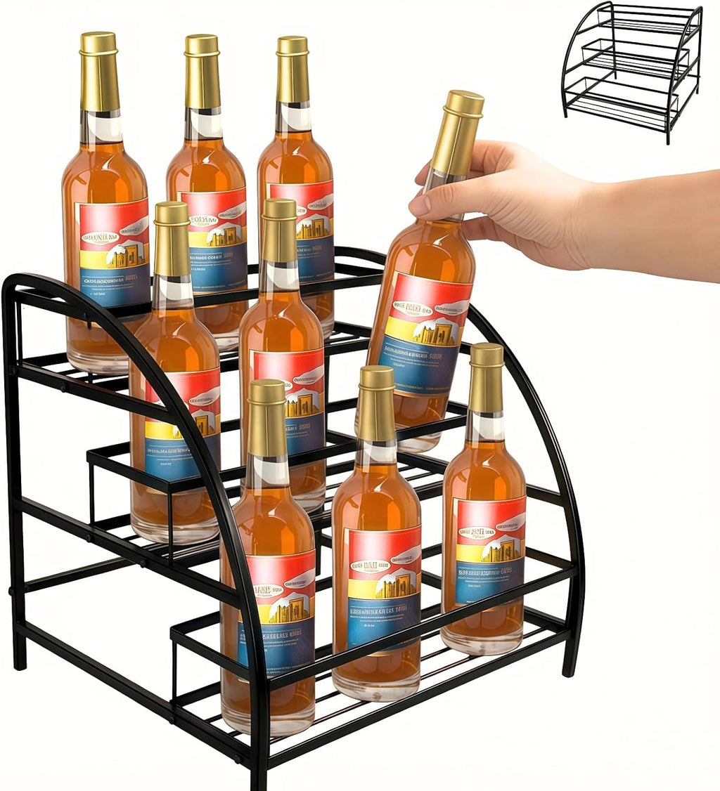 Cididu Coffee Syrup Organizer Rack, 9-12 Bottles Syrup Stand Holder for Countertop, 3 Tier Metal Small Wine Rack, Bottle Storage Shelves for Coffee Bar Station, Kitchen, Spice, Soda, Dressing