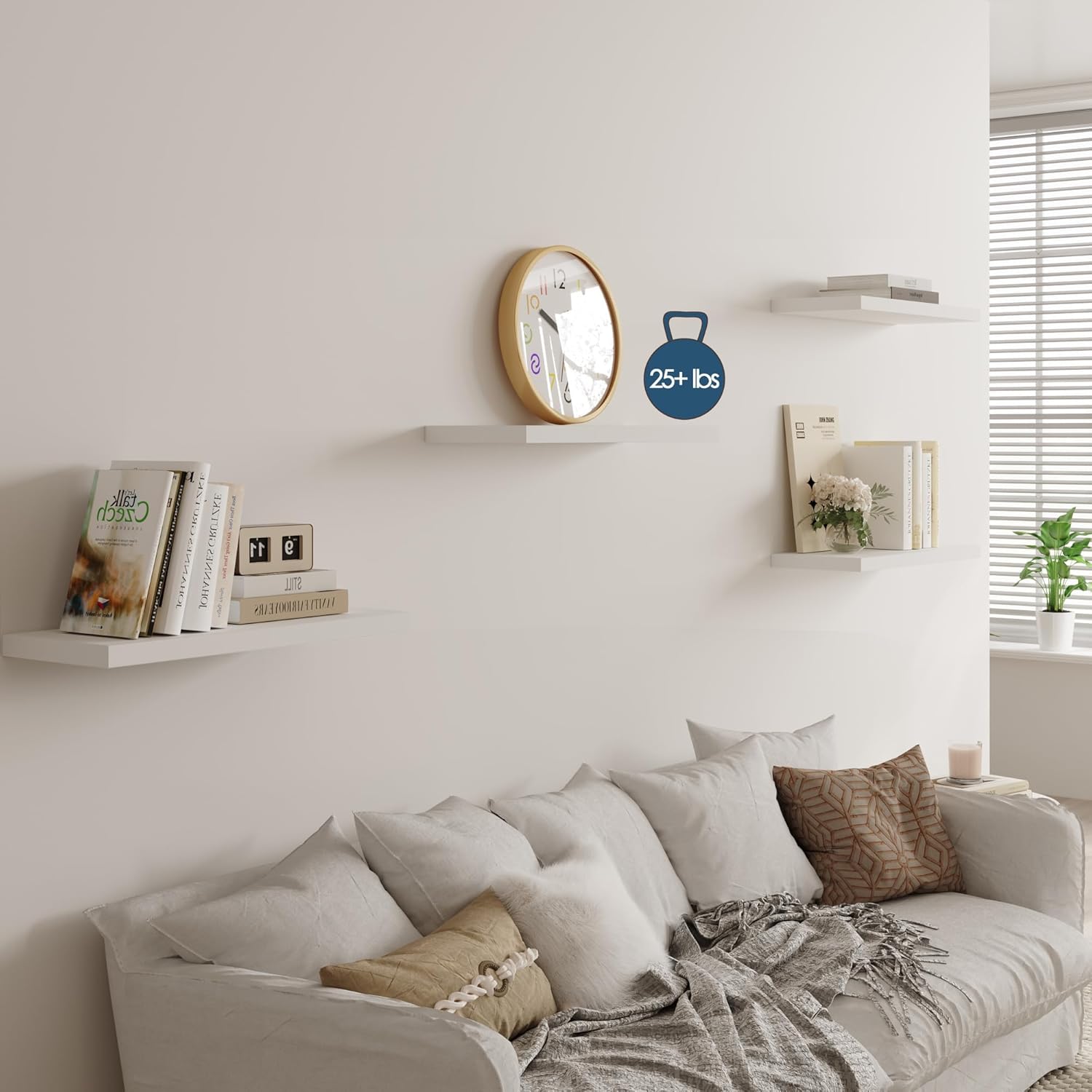 Wall Shelf Set of 3, White Floating Shelves 24 in W x 10 in D x 1 in H, Wooden Floating Wall Shelf with Invisible Brackets for Living Room/Bedroom/Bathroom/Kitchen Storage and Decor