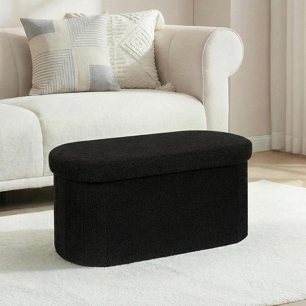 30 Inches Oval Ottoman with Storage, Boucle Sherpa Storage Ottoman Bench, Fol...
