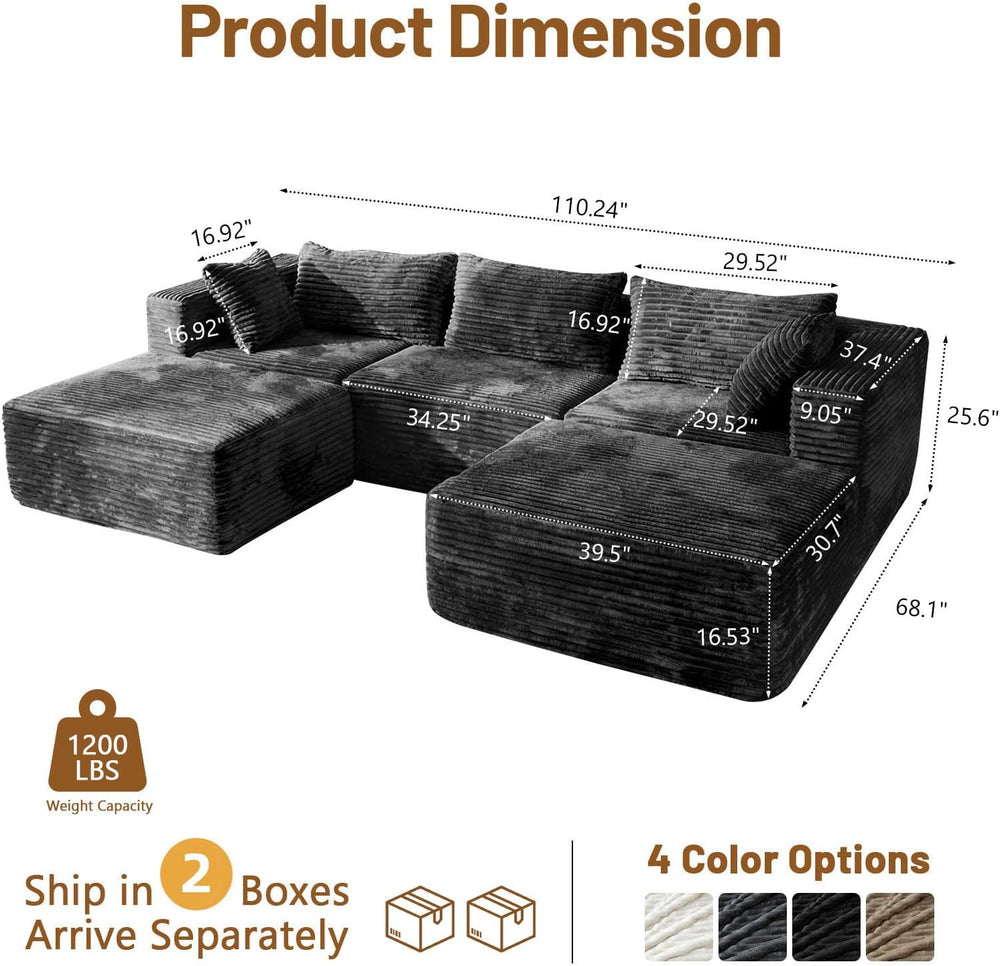110" Modular Sectional Sofa with 2 Ottomans, U Shaped Cloud Couch for Li...