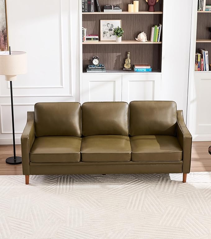 Kingfun 80" Faux Leather Sofa, 3 Seater Couch, Mid Century Modern Couches with Solid Wood Legs for Living Room & Bedroom, Olive Green