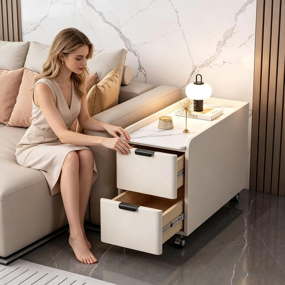 Modern Narrow Side Table with 2 Drawers, Movable Nightstand, Solid Wood Frame...