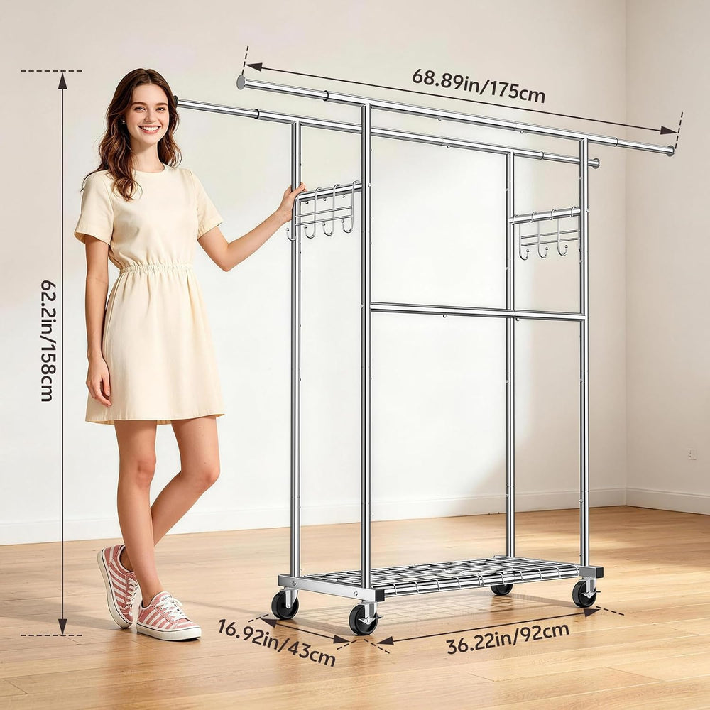 Heavy Duty Clothes Rack Load 550LBS, Rolling Clothing Rack Silver
