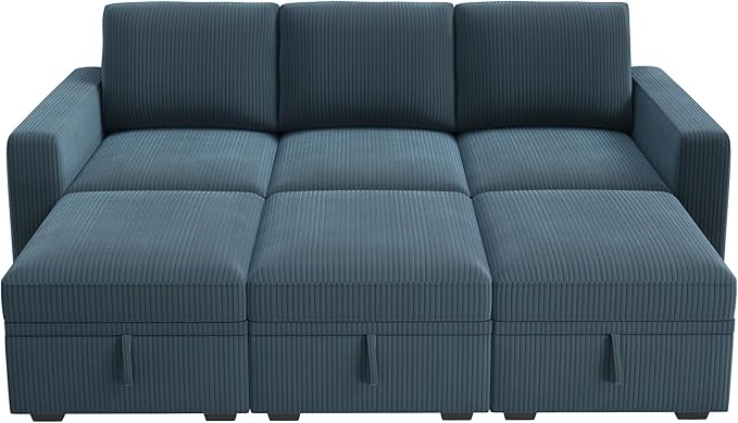 HONBAY Modular Sectional Sleeper Sofa Bed, Pull Out Couch with Storage Ottoman, U Shaped Sectional Couches for Living Room, Blue