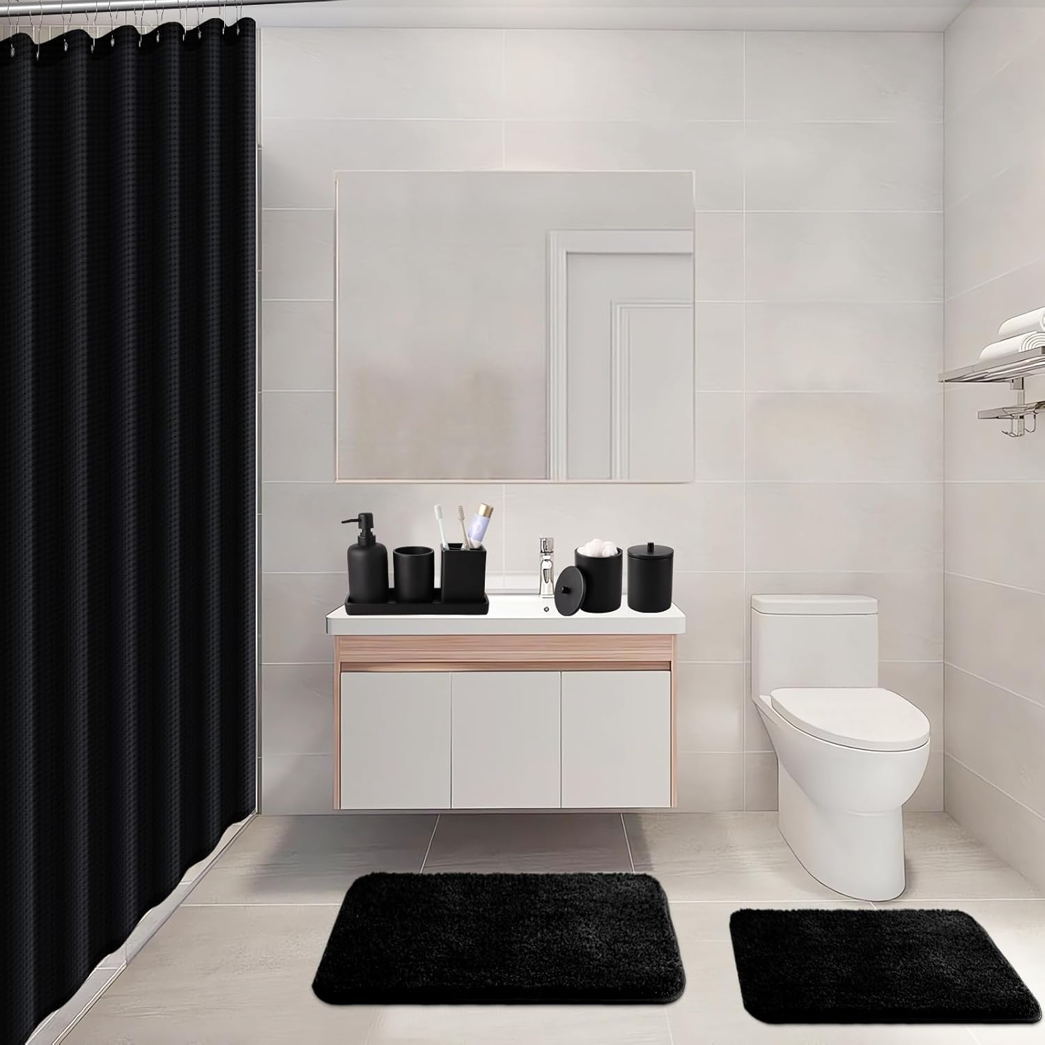 21 Pcs Bathroom Accessory Set with Waterproof Shower Curtain and Non Slip Mat,Resin Bath Set with Toothbrush Holder and Lotion Soap Dispenser,Bathroom Countertop Organizer Set for Home Apartment