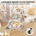 EAGMAK 3 Tier Rolling Cart, Large Metal Storage Cart with Handle and Lockable Wheels, Big Multifunctional Storage Organizer Trolley with Mesh Baskets for Kitchen, Living Room, Office, Garage (Beige)